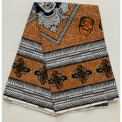 African Print Fabric/ Ankara - Orange, Blue, White 'In Lockstep' Design, YARD or WHOLESALE