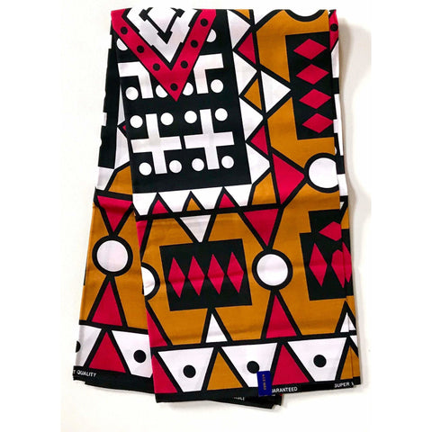 African Print Fabric/ Ankara - Brown, Red-Dark Pink, Black, White 'Samakaka' Design, YARD or WHOLESALE