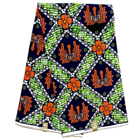 African Print Fabric/ Ankara - Green, Blue, Orange “Azoumi Motifs” YARD or WHOLESALE