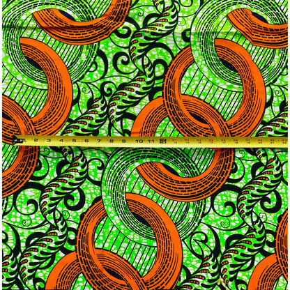 African Print Fabric/ Ankara - Orange, Green 'Nuhu,’ YARD or WHOLESALE