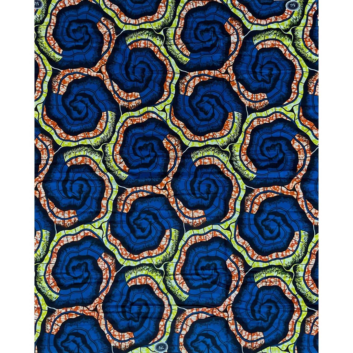 African Print Fabric/ Ankara - Blue, Orange, Chatreuse 'Mafi Spiral', YARD or WHOLESALE
