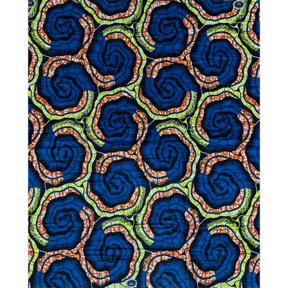 African Print Fabric/ Ankara - Blue, Orange, Chatreuse 'Mafi Spiral', YARD or WHOLESALE