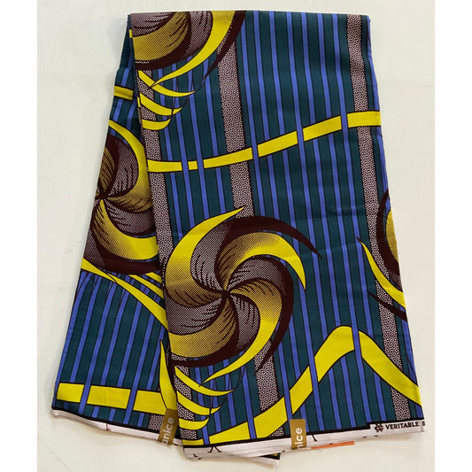 African Print Fabric/ Ankara - Teal, Periwinkle, Brown, Yellow 'Zaina Twirl' Design, YARD or WHOLESALE
