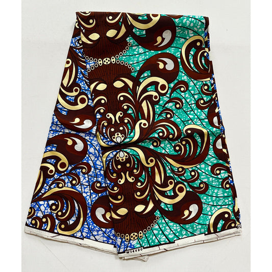 African Print Fabric/ Ankara - Blue, Green, Shimmering Gold ‘Fanta Reign', YARD or WHOLESALE