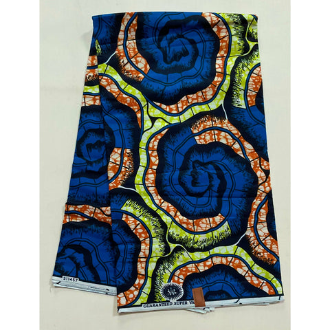 African Print Fabric/ Ankara - Blue, Orange, Chatreuse 'Mafi Spiral', YARD or WHOLESALE