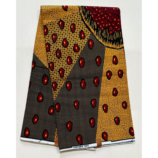 African Print Fabric/Ankara - Marigold, Red, Black "Heart of Palm Fruit" Design, YARD or WHOLESALE