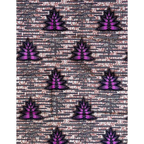 African Print Fabric/ Ankara - Brown, Purple, Navy 'Striped Lantana', ~1 YARD