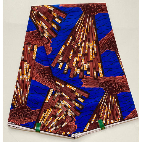 African Print Fabric/ Ankara - Blue, Brown 'Clean Sweep' Design, YARD or WHOLESALE
