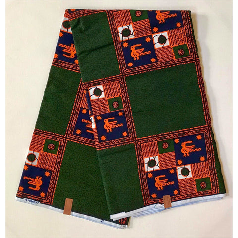 African Print Fabric/Ankara - Green, Blue, Orange 'Riddle of Wa' Design, YARD or WHOLESALE