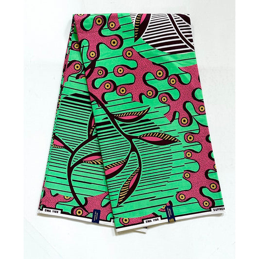 African Print Fabric/ Ankara - Green, Pink, Brown 'Celestial Puzzle,’ YARD or WHOLESALE