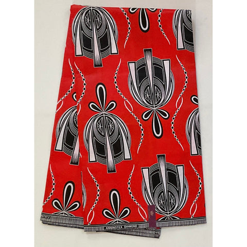 African Print Fabric/ Ankara - Bright Red - Orange, Black, Cream 'Basilica Baluarte’, YARD or WHOLESALE