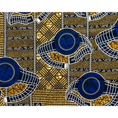 African Print Fabric/Ankara - Blue, Brown 'Timepiece' Design, YARD or WHOLESALE