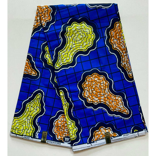 African Print Fabric/ Ankara - Blue, Yellow, Orange 'Kizzy', YARD or WHOLESALE