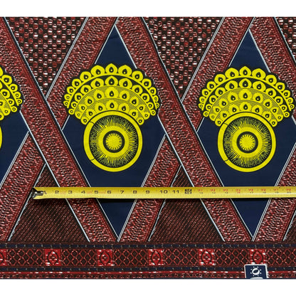 African Print Fabric/ Ankara - Brown, Yellow, Blue 'Kambalu' Design, YARD or WHOLESALE