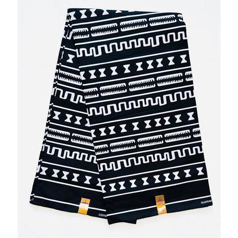 African Print Fabric/ Ankara - Black, White 'Bassila Scribe', YARD or WHOLESALE