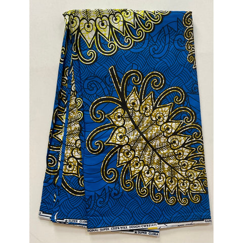 African Print Fabric/ Ankara - Blue, Brown, Yellow, Black 'Ilex' Design, YARD or WHOLESALE