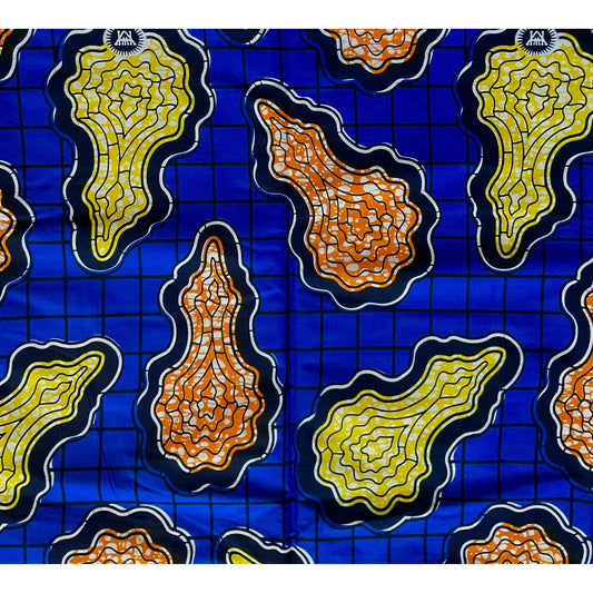 African Print Fabric/ Ankara - Blue, Yellow, Orange 'Kizzy', YARD or WHOLESALE