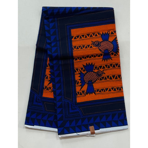 African Print Fabric/ Ankara - Blue, Orange 'Nsasak Bird" Design, YARD or WHOLESALE