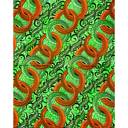 African Print Fabric/ Ankara - Orange, Green 'Nuhu,’ YARD or WHOLESALE
