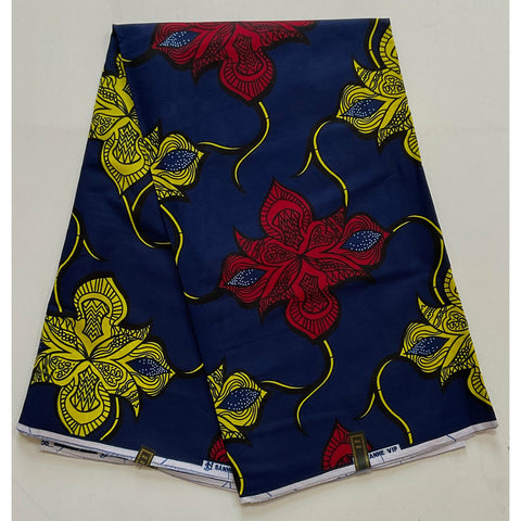 African Print Fabric/ Ankara - Blue, Yellow, Red 'Seboni Flora' Design, YARD or WHOLESALE