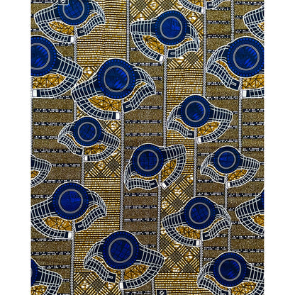 African Print Fabric/Ankara - Blue, Brown 'Timepiece' Design, YARD or WHOLESALE