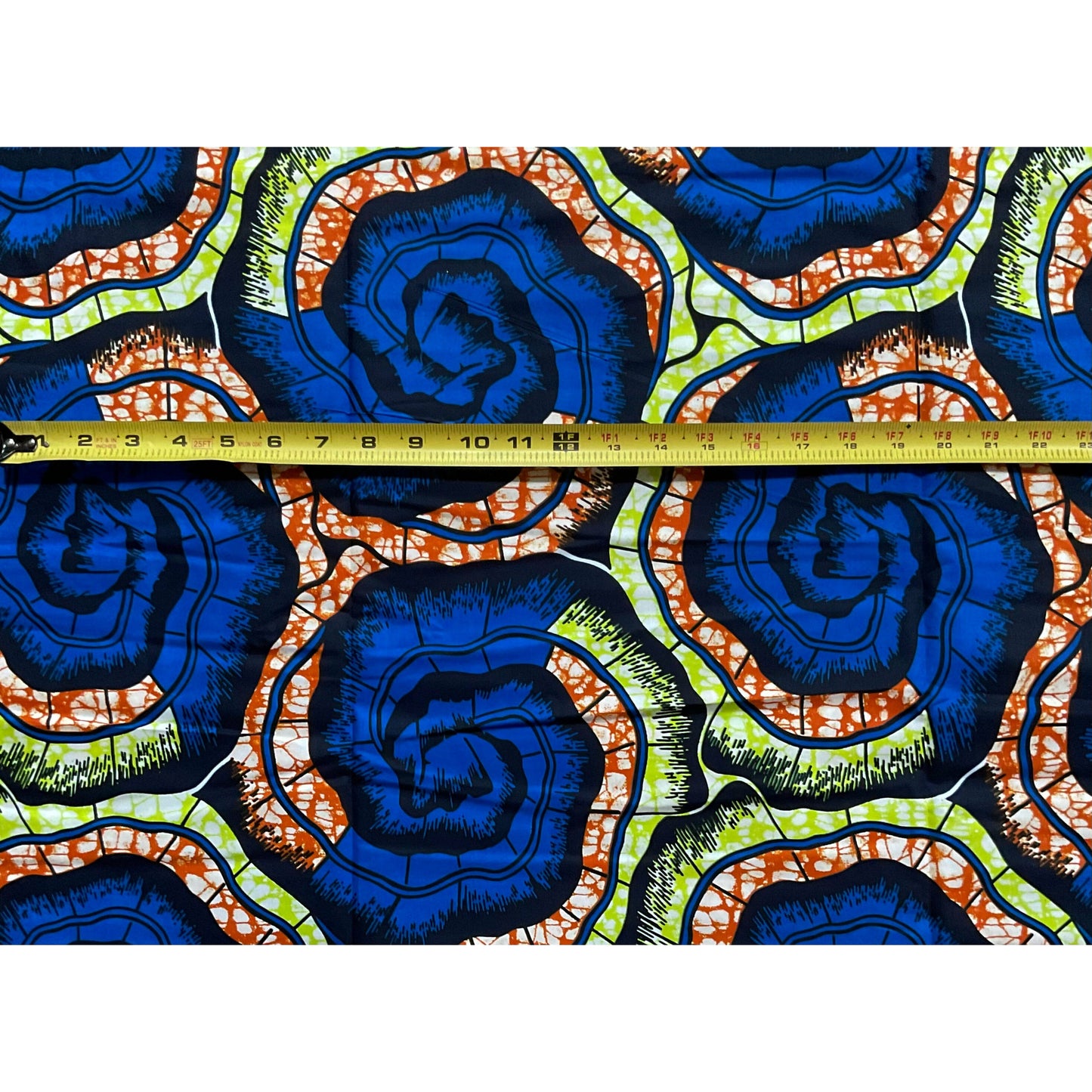 African Print Fabric/ Ankara - Blue, Orange, Chatreuse 'Mafi Spiral', YARD or WHOLESALE