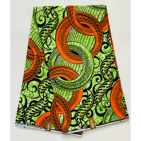 African Print Fabric/ Ankara - Orange, Green 'Nuhu,’ YARD or WHOLESALE