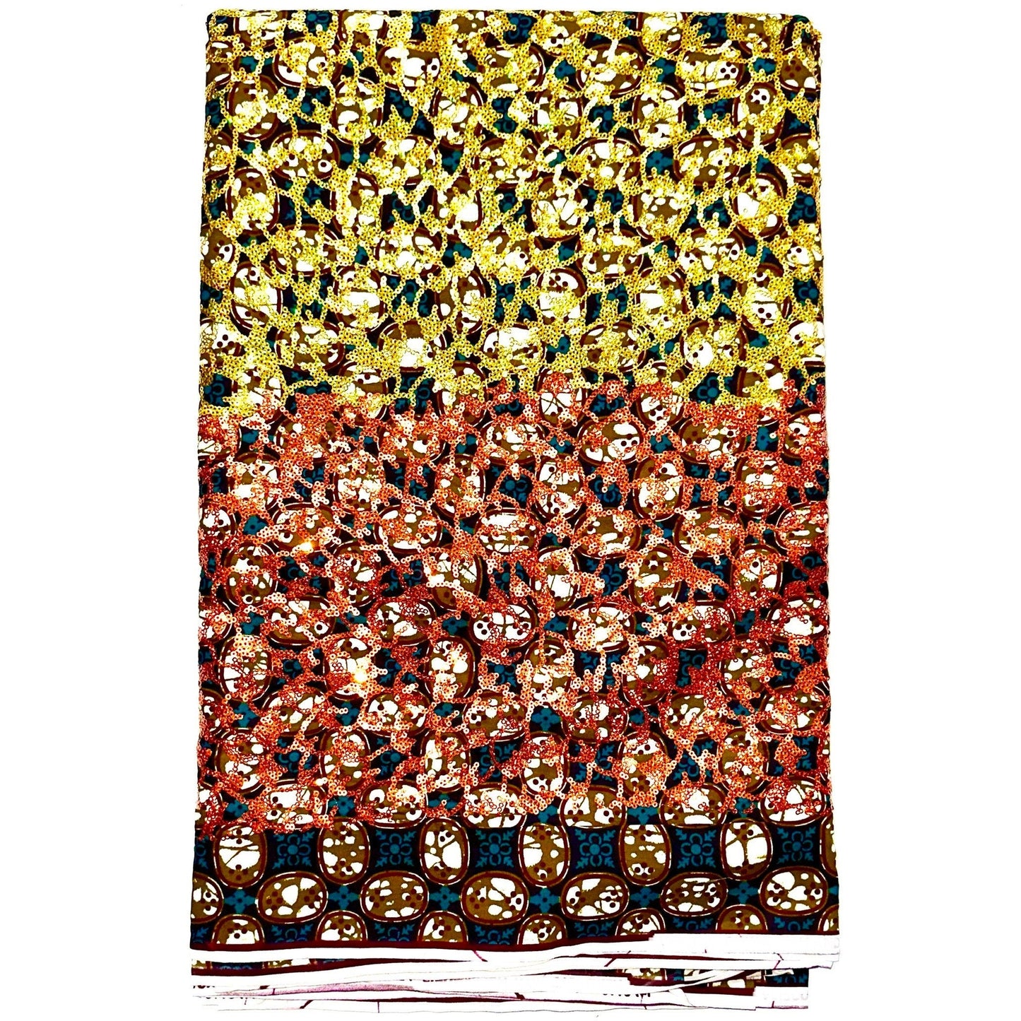 African Print Fabric/Sequined - Ankara: Green, Brown, Gold ‘Queen Saffa', Yard or Wholesale