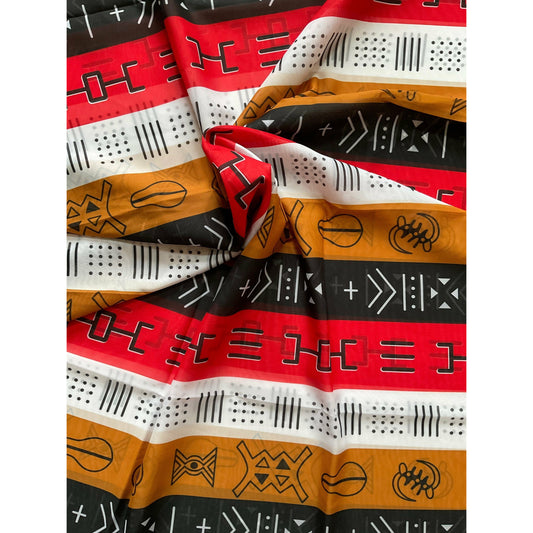 African Print, Chiffon Fabric- Black, Red, Brown, White "Duodu Rhythm", Per Yard