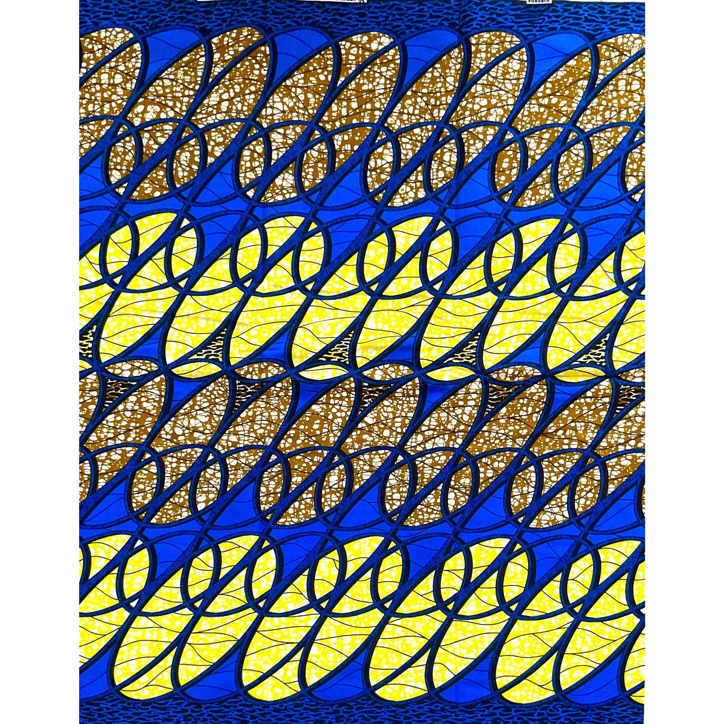 African Print Fabric/ Ankara - Blue, Yellow, Brown 'Kacou Ribbons' Design, YARD or WHOLESALE