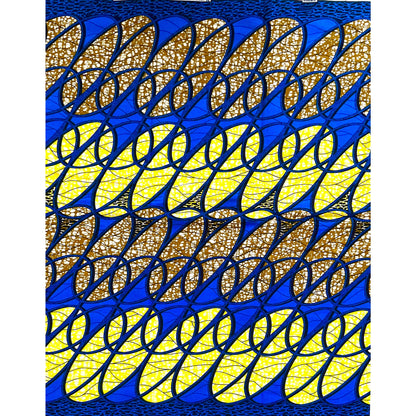 African Print Fabric/ Ankara - Blue, Yellow, Brown 'Kacou Ribbons' Design, YARD or WHOLESALE