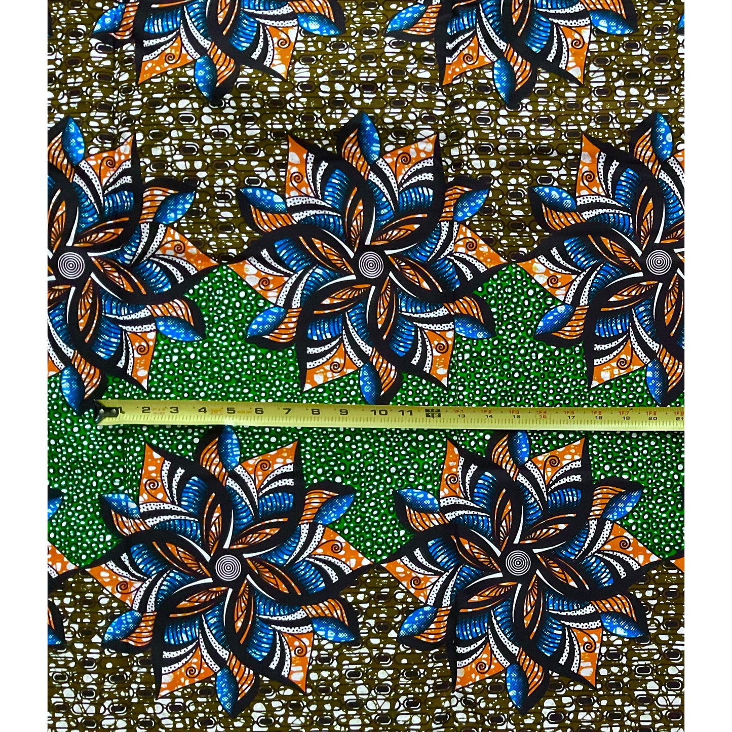 African Print Fabric/ Ankara - Green, Blue, Orange, Brown 'Jasiri Bandeau' Design, YARD or WHOLESALE
