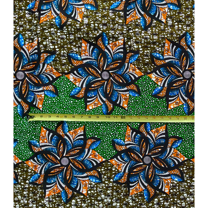 African Print Fabric/ Ankara - Green, Blue, Orange, Brown 'Jasiri Bandeau' Design, YARD or WHOLESALE