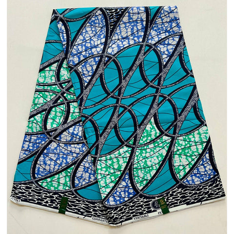 African Print Fabric/ Ankara - Turquoise, Green, Navy 'Kacou Ribbons' Design, YARD or WHOLESALE
