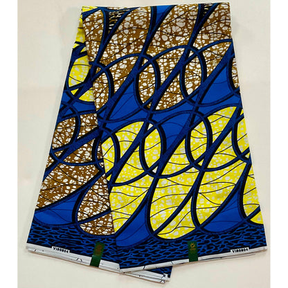 African Print Fabric/ Ankara - Blue, Yellow, Brown 'Kacou Ribbons' Design, YARD or WHOLESALE
