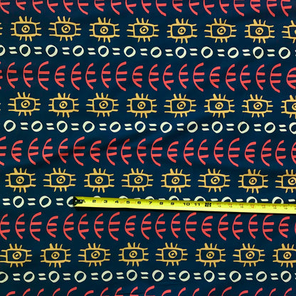 African Print, Stretch Cotton Satin Fabric- Navy, Orange, Marigold, Beige “Abimbola”, Per Yard