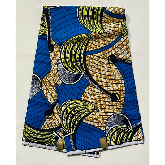 African Print Fabric/ Ankara - Blue, Yellow, Brown 'Kala So Pretty' Design, YARD or WHOLESALE