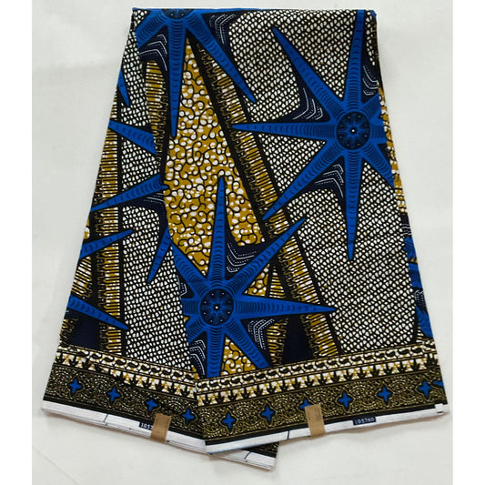 African Print Fabric/ Ankara - Brown, Blue 'Big Shot' Design, YARD or WHOLESALE