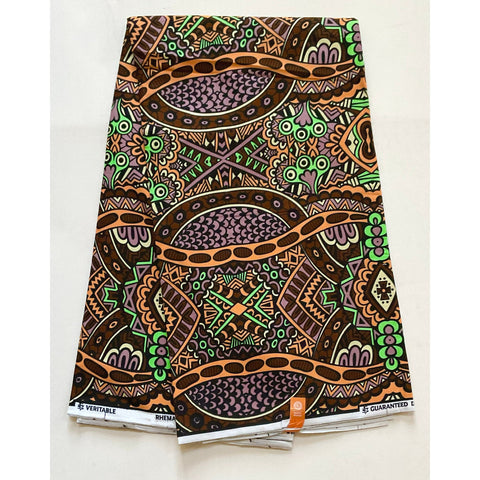 African Print Fabric/ Ankara - Brown, Green, Peach 'Gwa Bamba', YARD or WHOLESALE