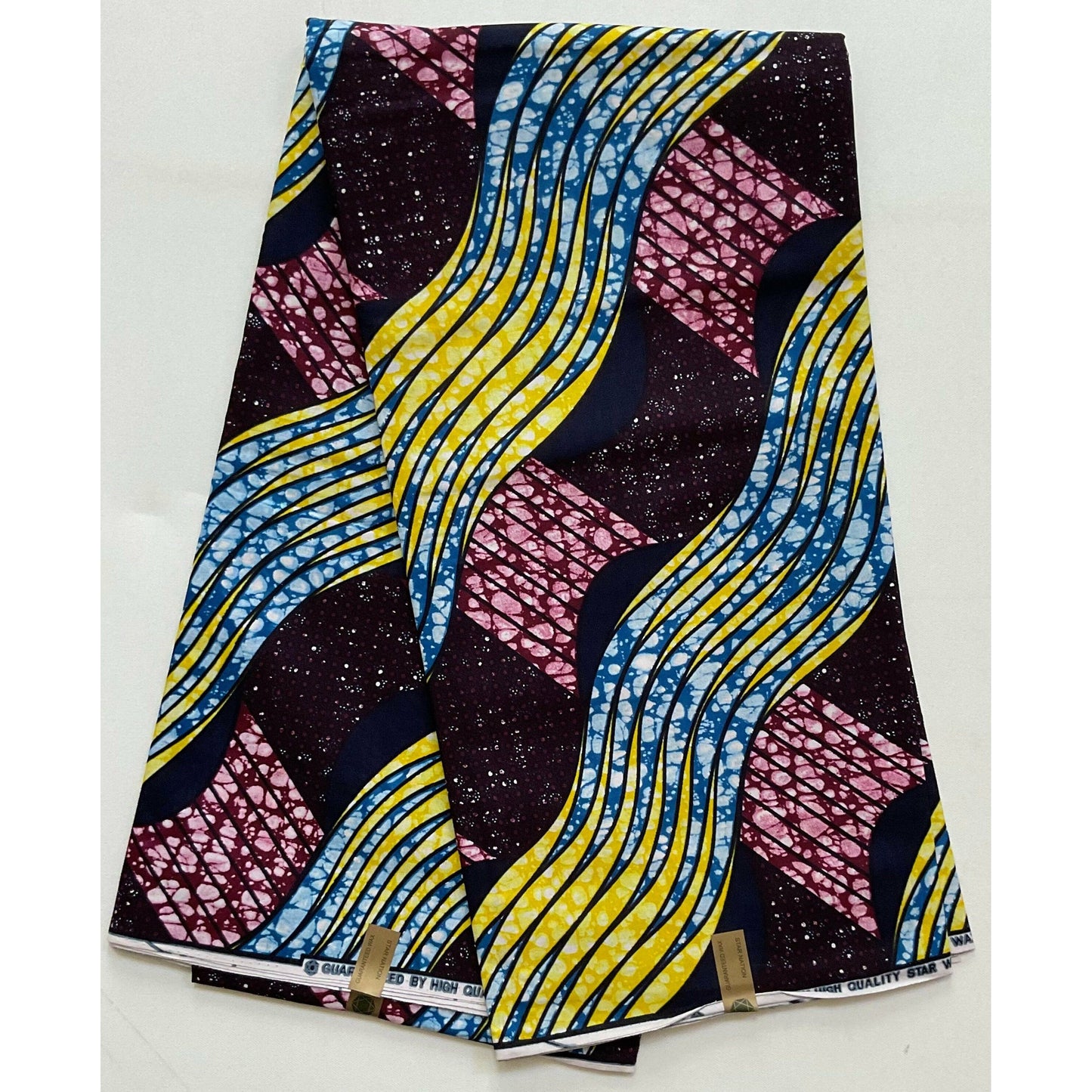 African Print Fabric/ Ankara - Wine, Blue, Yellow “Ladan Rhythm”, YARD or WHOLESALE