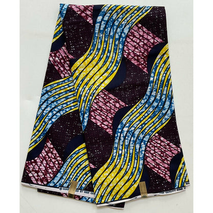 African Print Fabric/ Ankara - Wine, Blue, Yellow “Ladan Rhythm”, YARD or WHOLESALE