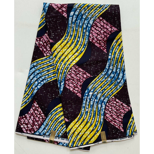African Print Fabric/ Ankara - Wine, Blue, Yellow “Ladan Rhythm”, YARD or WHOLESALE