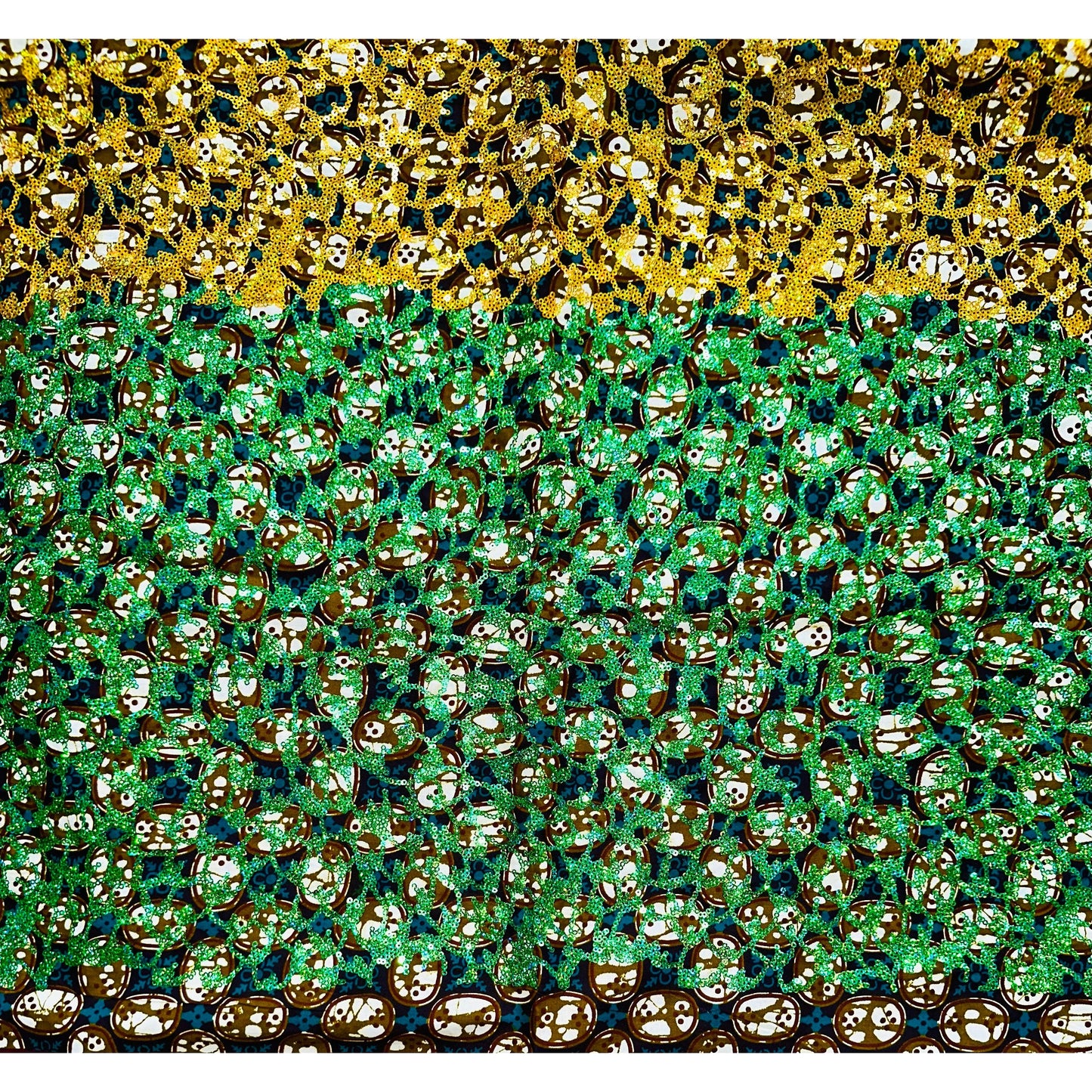 African Print Fabric/Sequined - Ankara: Green, Brown, Gold ‘Queen Saffa', Yard or Wholesale