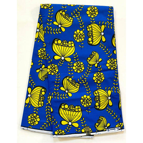 African Print Fabric/ Ankara - Blue, Yellow 'Flowers of Cadiz’, YARD or WHOLESALE