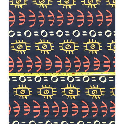 African Print, Elastic Knit Fabric - Navy, Orange, Marigold, Beige "Abimbola", Per Yard