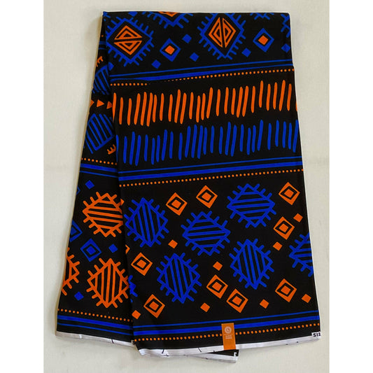 African Print Fabric/ Ankara - Black, Blue, Orange 'Gbehan', YARD or WHOLESALE