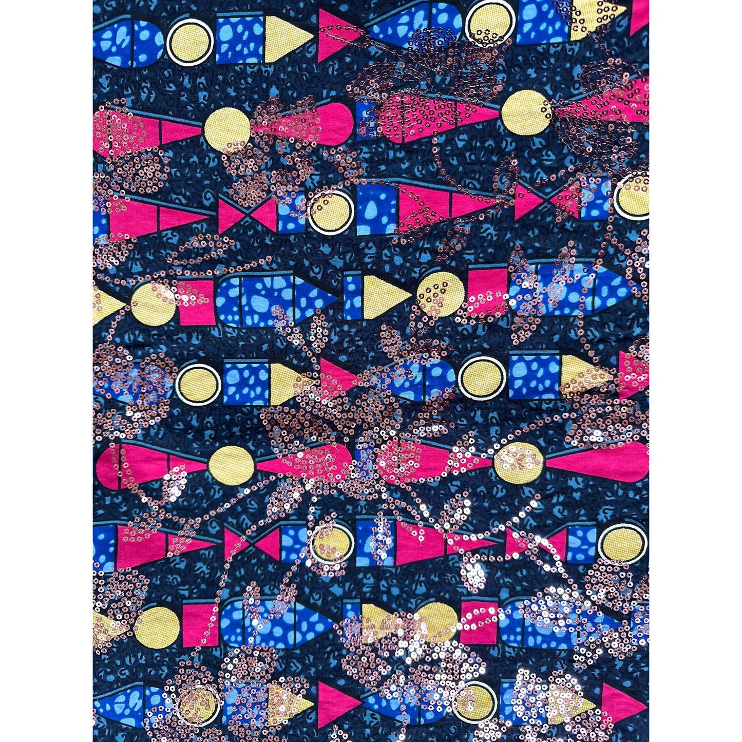 African Print Fabric/Sequined - Ankara: Blue, Pink, Beige ‘Queen Khentkaus', Yard or Wholesale