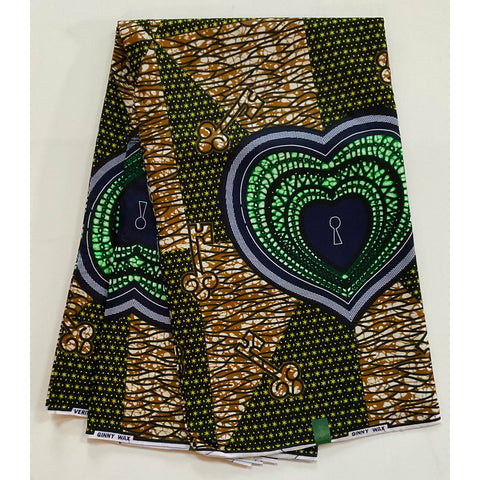 African Print Fabric/ Ankara - Navy, Brown, Green 'Unlock My Heart' Design, YARD or WHOLESALE