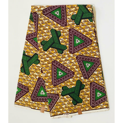 African Print Fabric/ Ankara - Brown, Green, Cream 'Tangram', YARD or WHOLESALE