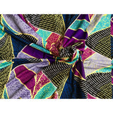 African Print, Elastic Fabric- Purple, Blue, Turquoise, Yellow "Chinwe", Per Yard